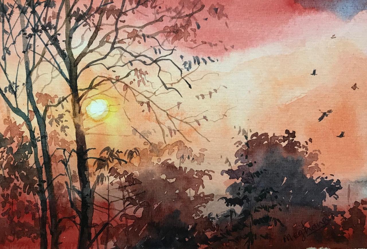 Watercolor sunset through trees by Meghana Khare
